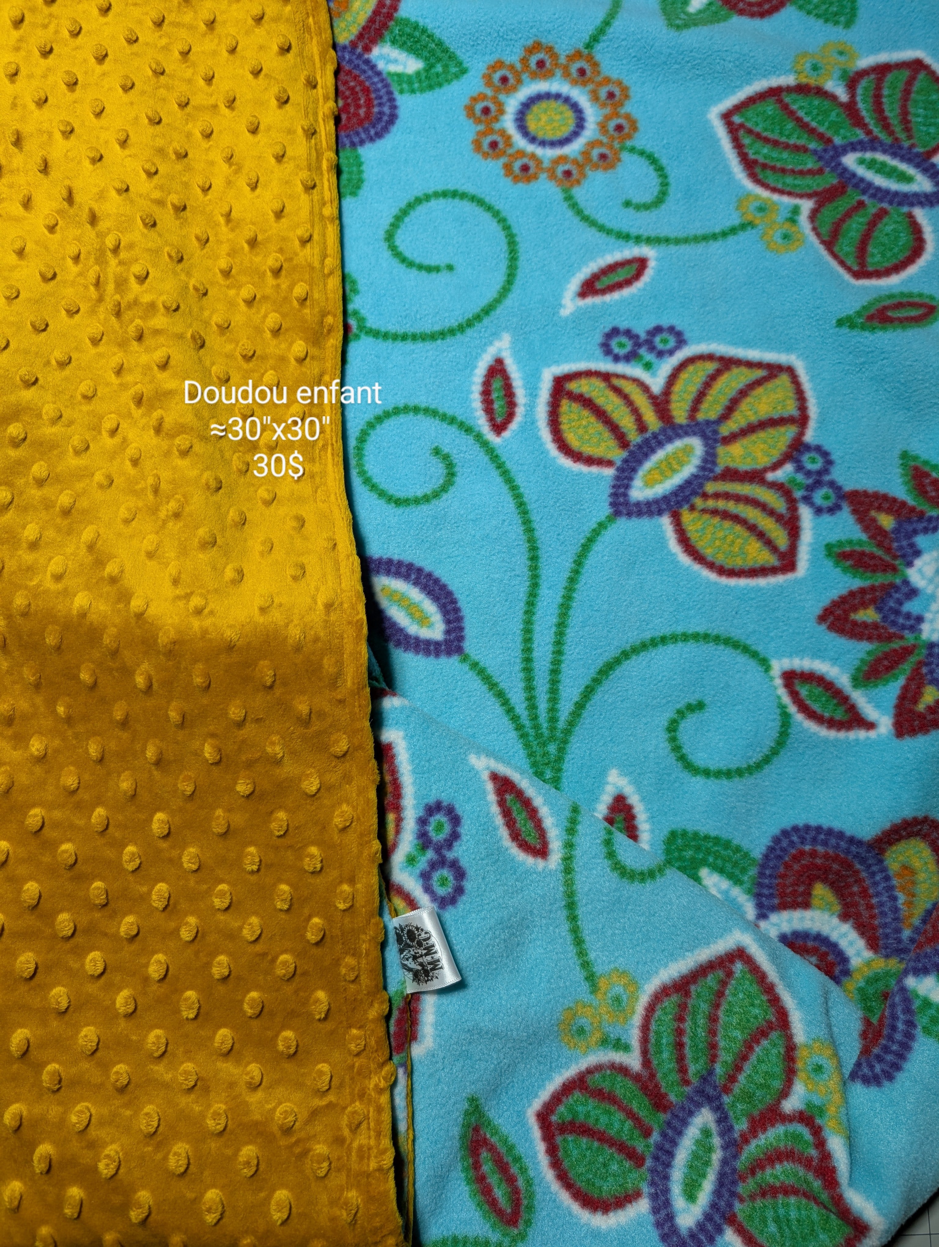 Doudou fleuri turquoise et jaune